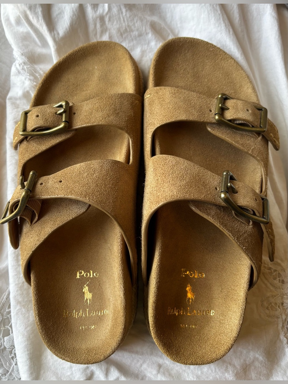 Polo by Ralph Lauren Men’s Tan Suede Double Buckle Sandals. Size 8. Turbach Clog